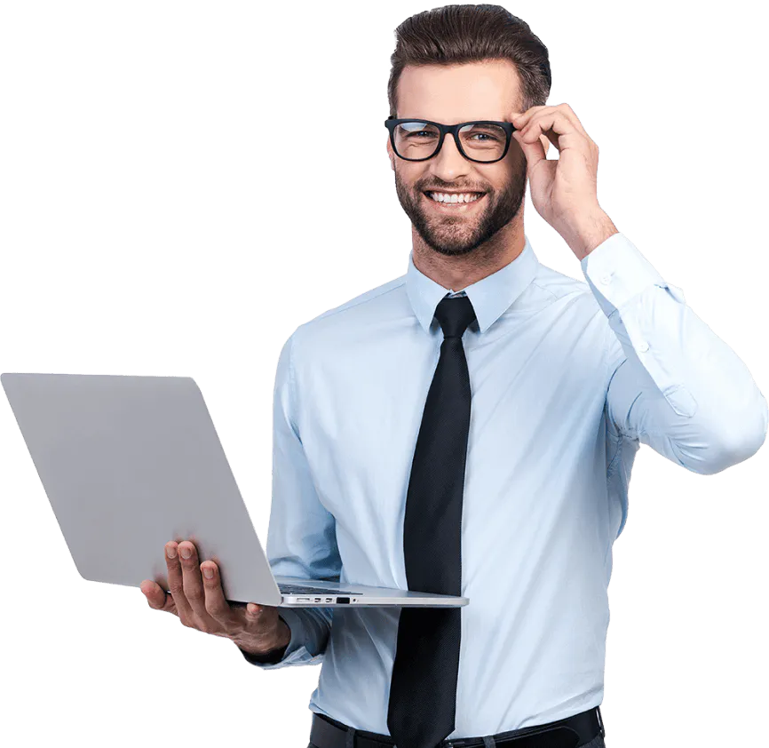 An accountant with a laptop, looking at the website user.