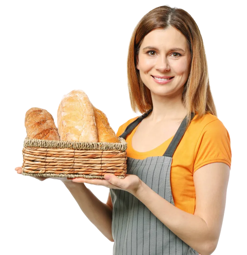 A waitress holding a tray of drinks, looking at the website user.