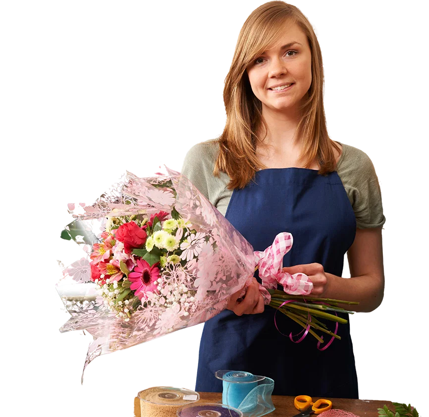 A florist with a bouquet of flowers, looking at the website user.