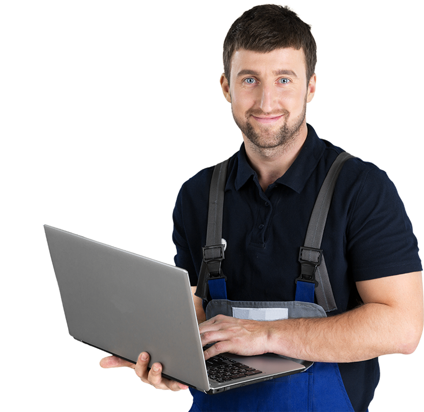 A mechanic with a laptop, looking at the website user.