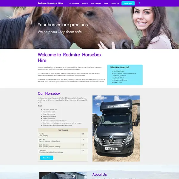 screenshot of Redmire Horsebox Hire's website home page 